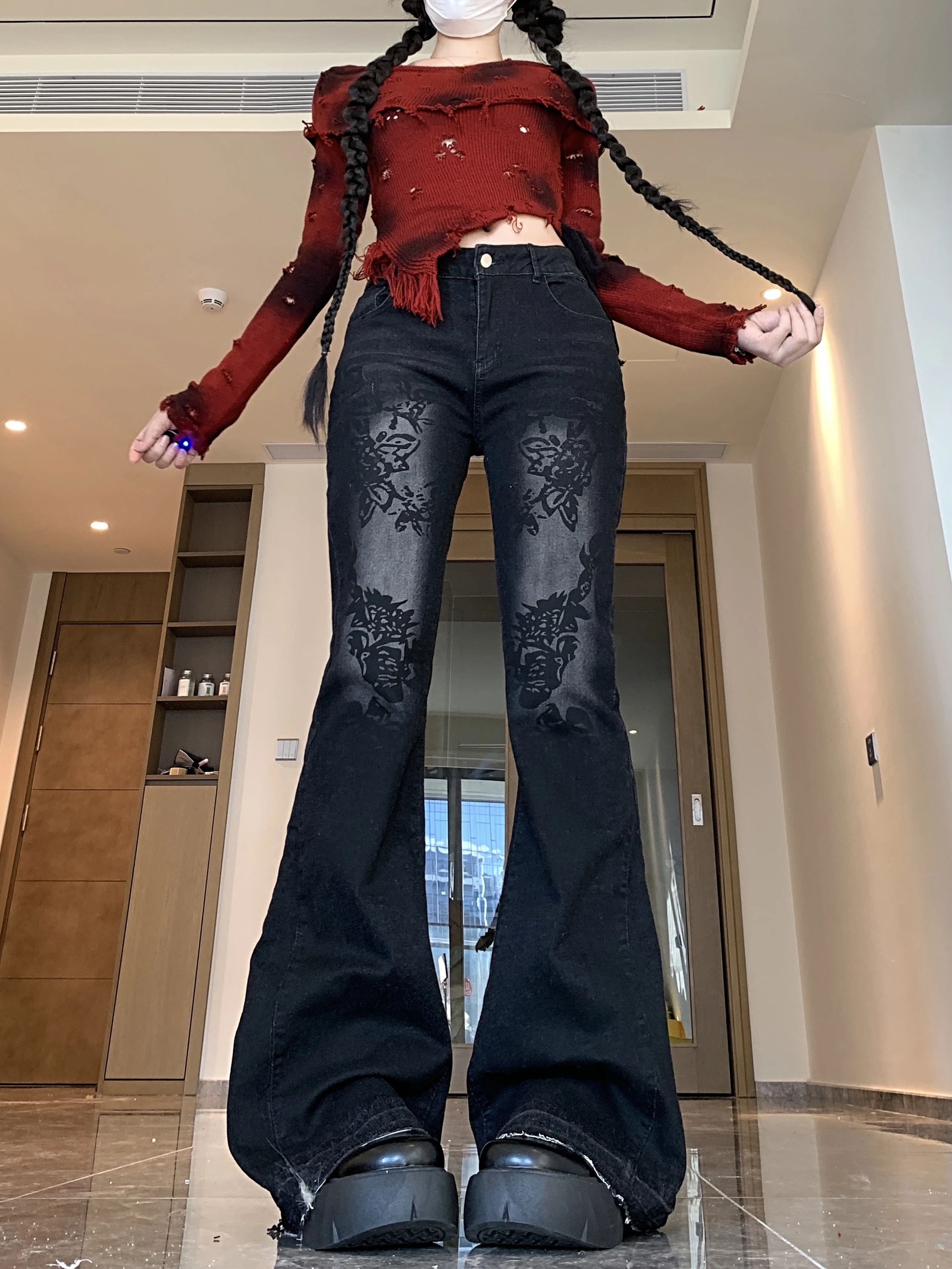 Jeans queimados finos de cintura baixa lavados com estampa de plantas europeias e americanas na moda