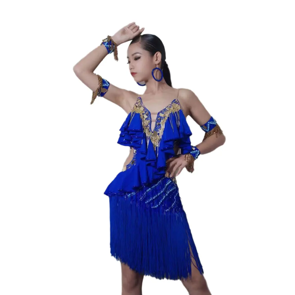 

Костюм для латинских танцев со стразами, женское высококачественное платье из плавающей ткани на заказ с кисточками и открытой спиной на подтяжках для самбы