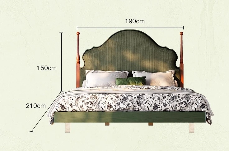 

French Medium and Ancient Style Bed, Green Flannel Soft French Retro 1.8 Meters, Double Bed Retro Master Bed