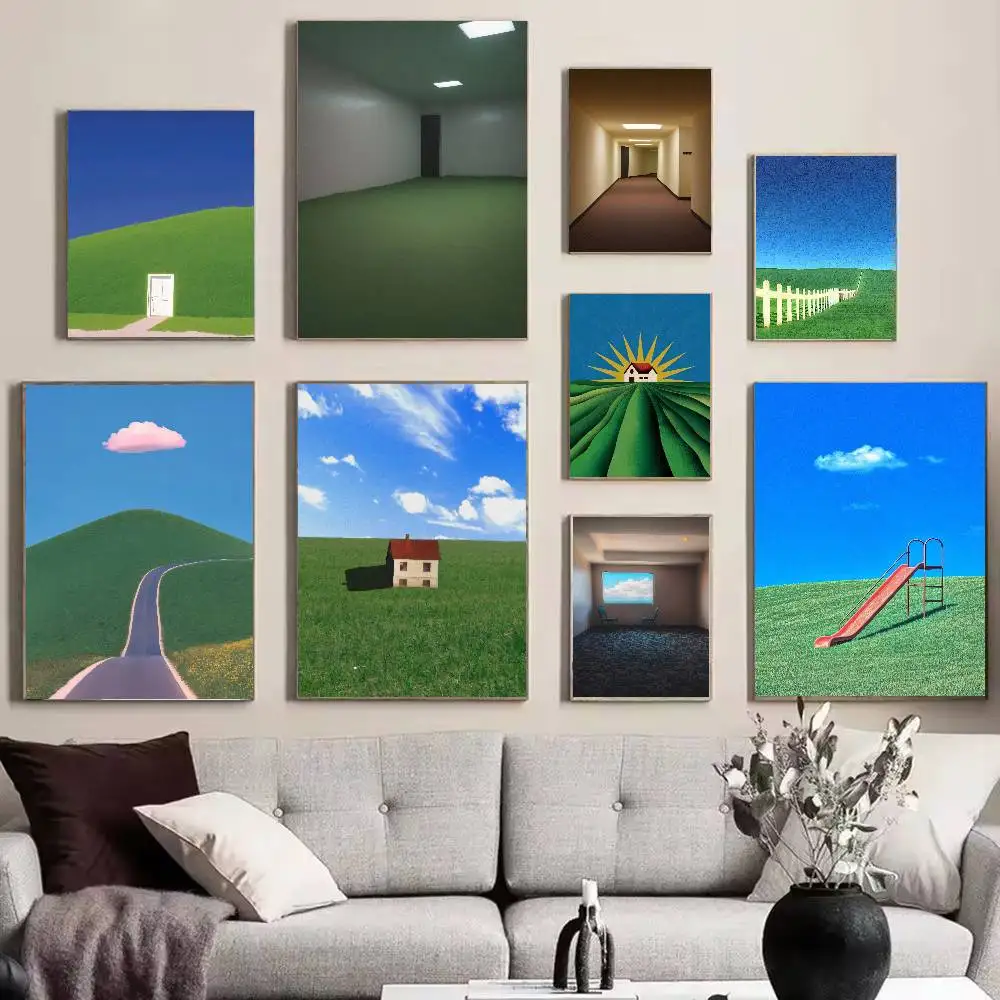 Fashion Surreal Liminal Space Poster, Uncanny Empty Playground And Hallway Print, Weirdcore Dreamcore Aesthetic Home Wall Decor