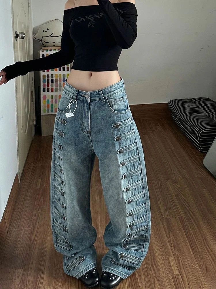 Cool Sweet American Court Style Double Button Wide Leg Denim Jeans Women's Fall Napoleon Design Spicy High Waist Long Pants