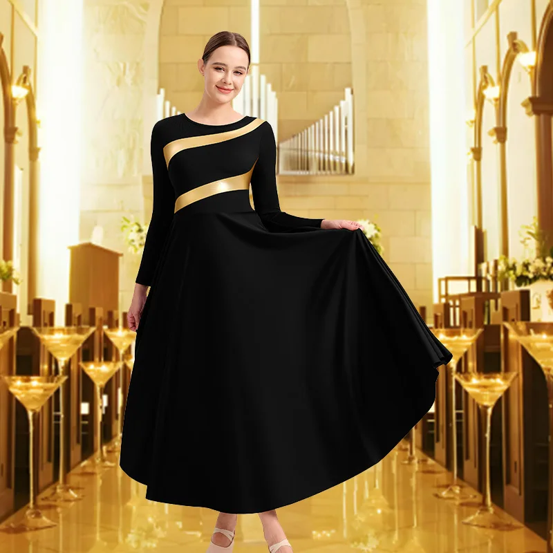 

Women's Praise Dance Dress Long Sleeve Loose Fit Church Dancewear Metallic Full Length Liturgical Worship Costume Dance Dress