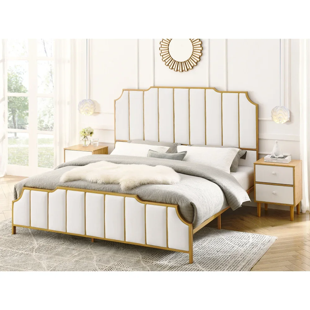 Bed Frame,Upholstered Platform Bed & High headboard with Wood Slat Support,No Box Spring Needed,Easy Assembly, Velvet White