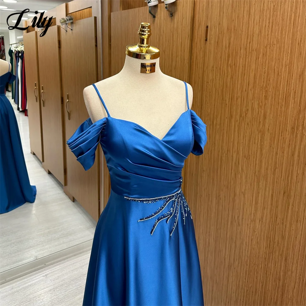 Lilie klassisches blaues Ballkleid Schatz A-Linie Satin Abendkleid mit Falten Perlen Party kleid Spaghetti träger فستان س카رة