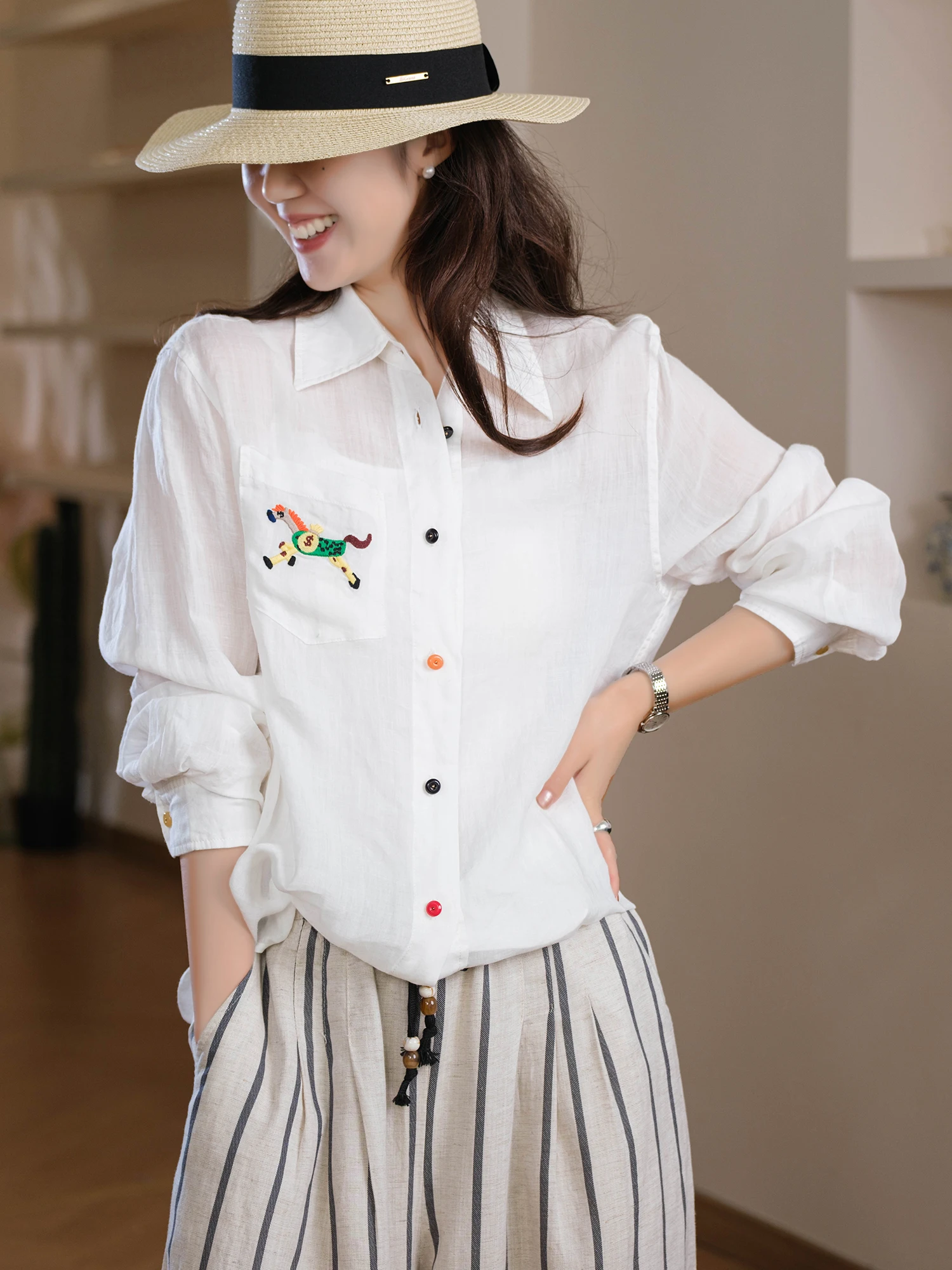 

Женская льняная рубашка с длинным рукавом на пуговицах, свободного кроя, в повседневном стиле, с воротником на пуговицах, весенняя коллекция