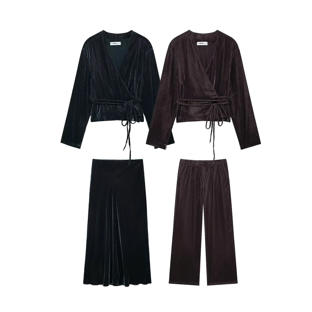 

SuperAen, топы большого размера в европейском и американском стиле с v-образным вырезом, юбки трапециевидной формы с высокой талией, длинные брюки Pleuche, комплекты из двух предметов