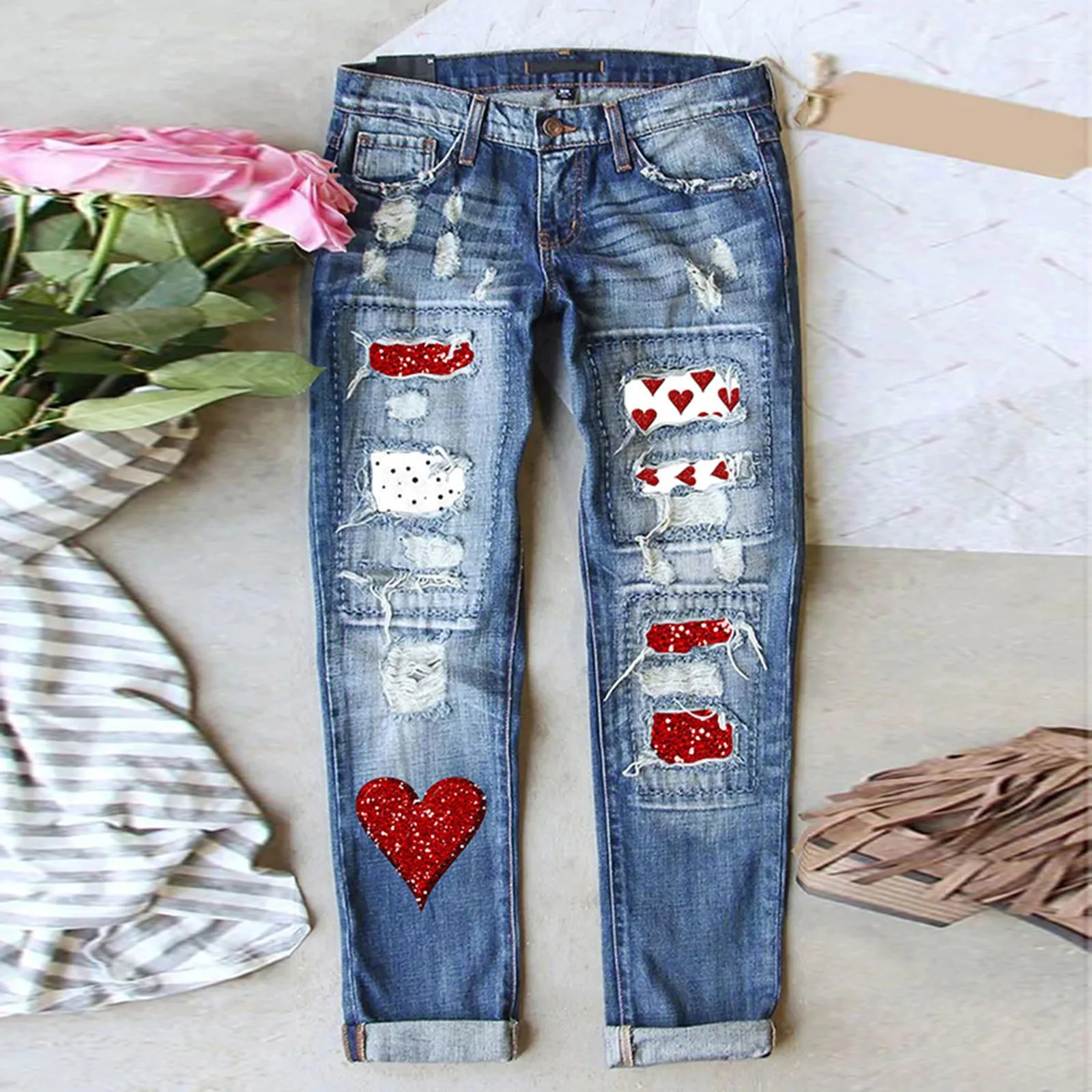 Women Valentine Print Ripped Jean Vintage Low Waist Pockets Pant Autumn Winter Thicken Trousers Y2k Streetwear Harajuku Bottoms