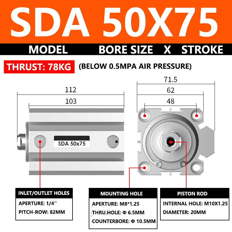 

ABILKEEN SDA50X75 SDA Series Thin Air Cylinder 50MM Female Thread Bore X 75MM Stroke Double Acting Pneumatic Compact Cylinder