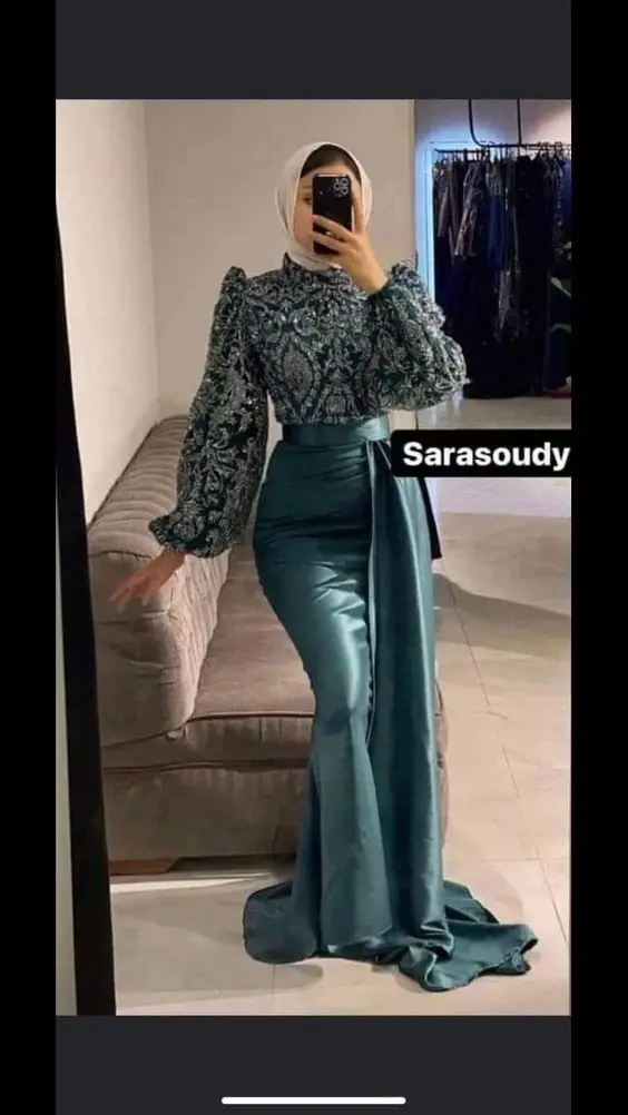 Teal Blue Mermaid Muslim Prom Dresses with Side Train Lace Beaded Long Sleeve Hijab High Neck Arabic Middle East Evening Gown