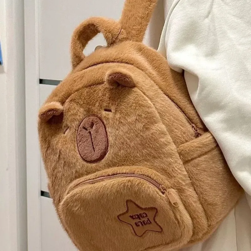 

New Capybara Plush Backpack Large Capacity School Bag for Girls Cute Cartoon Design Double Shoulder Bag Female Students