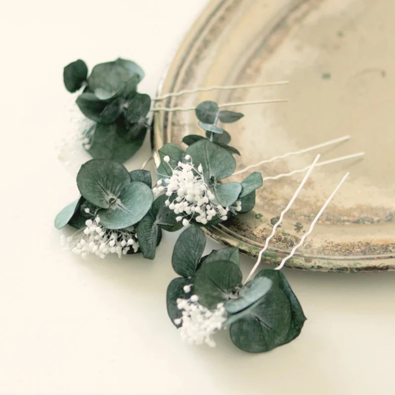 

Handmade Dried Flower Bridal Hair Boho Hair Pin Set Wedding Decorations Bridesmaids Greenery Eucalyptus Bobby Pin Set