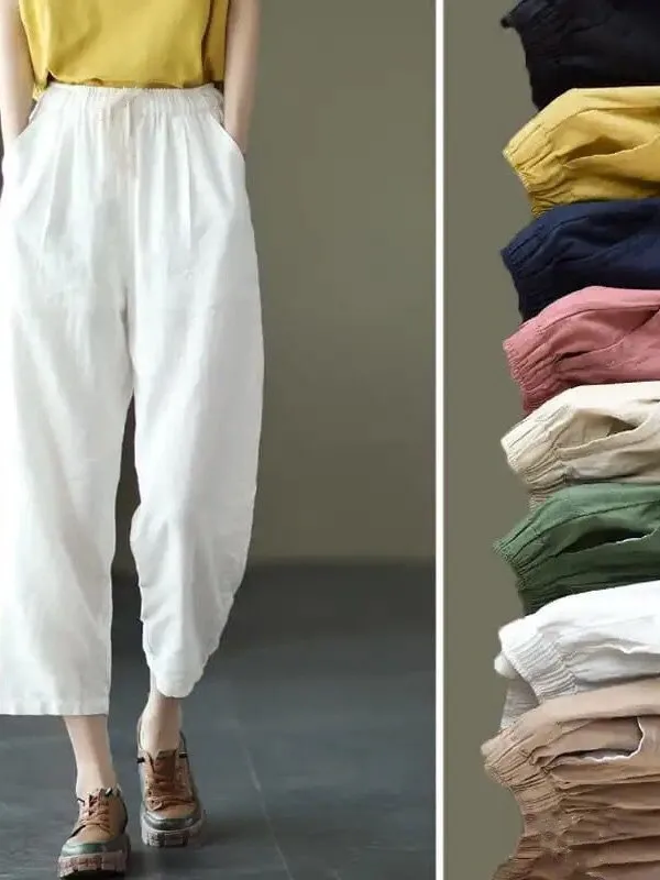 

Хлопково-льняные женские свободные повседневные брюки с эластичной резинкой на талии, новые летние винтажные утягивающие белые широкие брюки прямого кроя