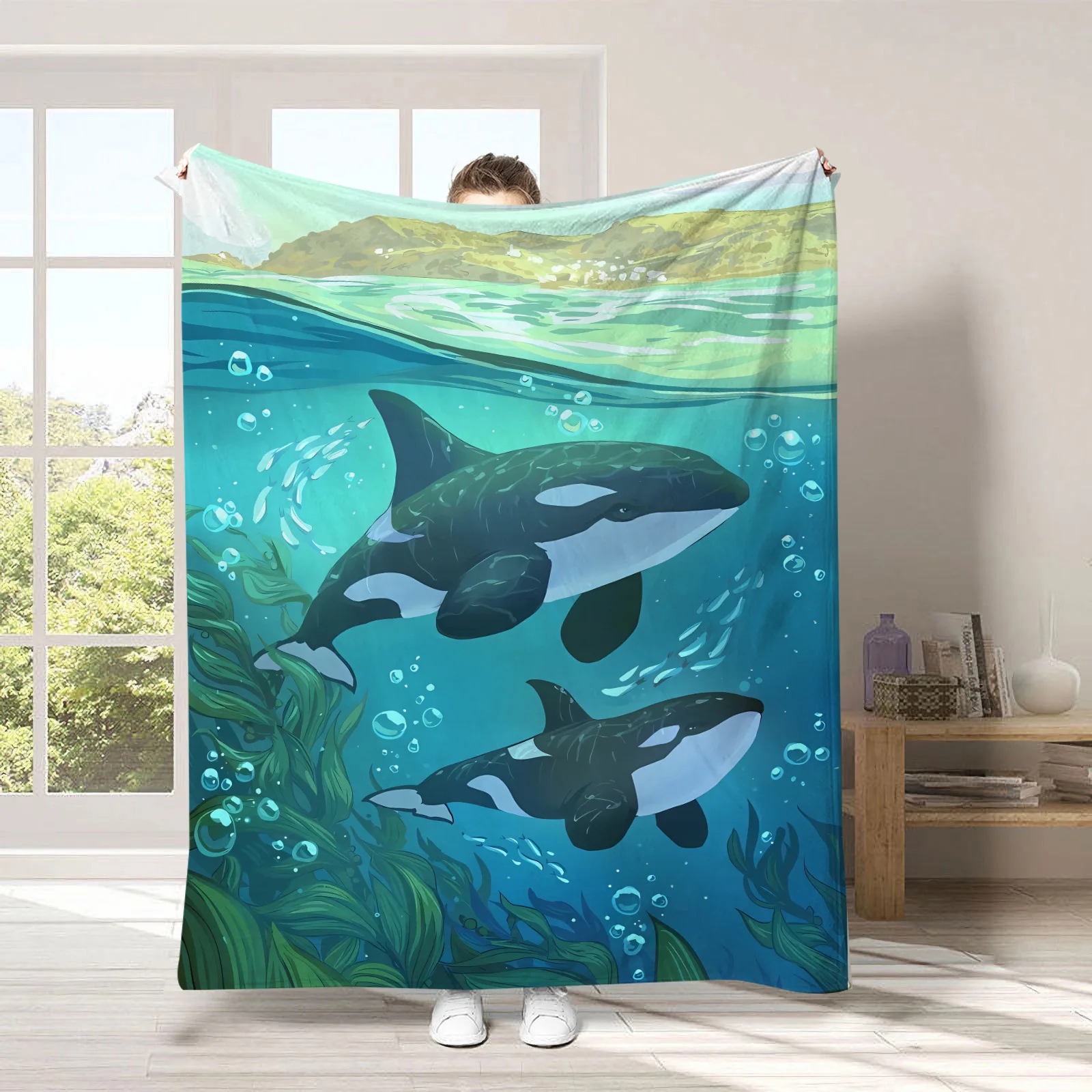 1Pc Blanket Flannel Cartoon Marine Whale Manta Ray Print QualityThrow Couch Fluffy Home Work Decoration Excellent Gift Choice
