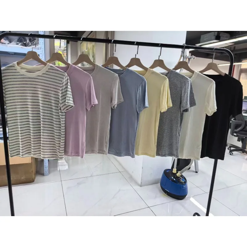 

Женская летняя футболка с круглым вырезом и коротким рукавом: мягкая, шелковистая, дышащая, влагоотводящая, облегающая, повседневная, из модала, шелка и шерсти