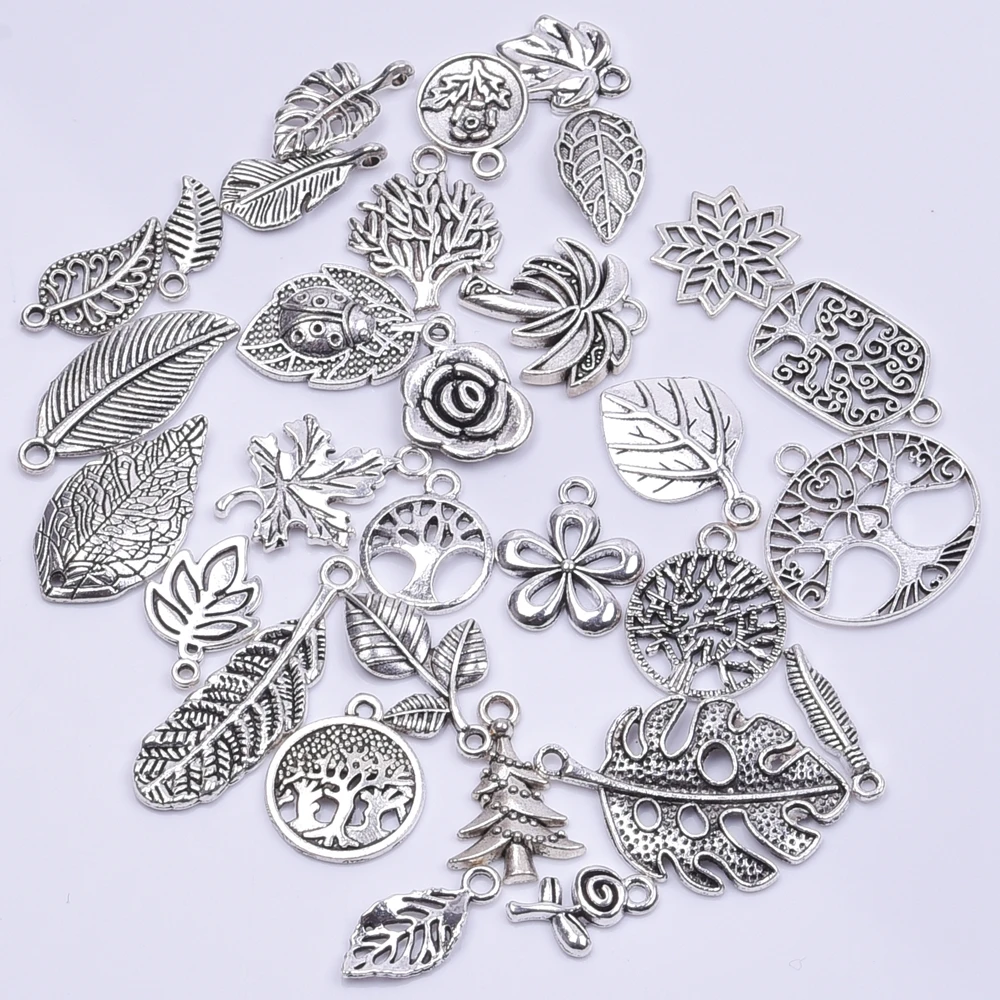 30/60pcs Tibetan Silver Mixed Pendant Leaf Charms Beads for Jewelry Making Bracelet DIY Earrings Necklace DIY Craft Art Charm