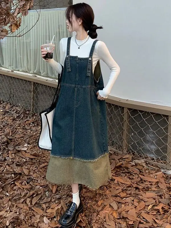 Slimming Mid-Length Denim Dress Women's Spring Autumn Belted Slimming Strap Dress plus Size Retro Color Block A-Line Dress