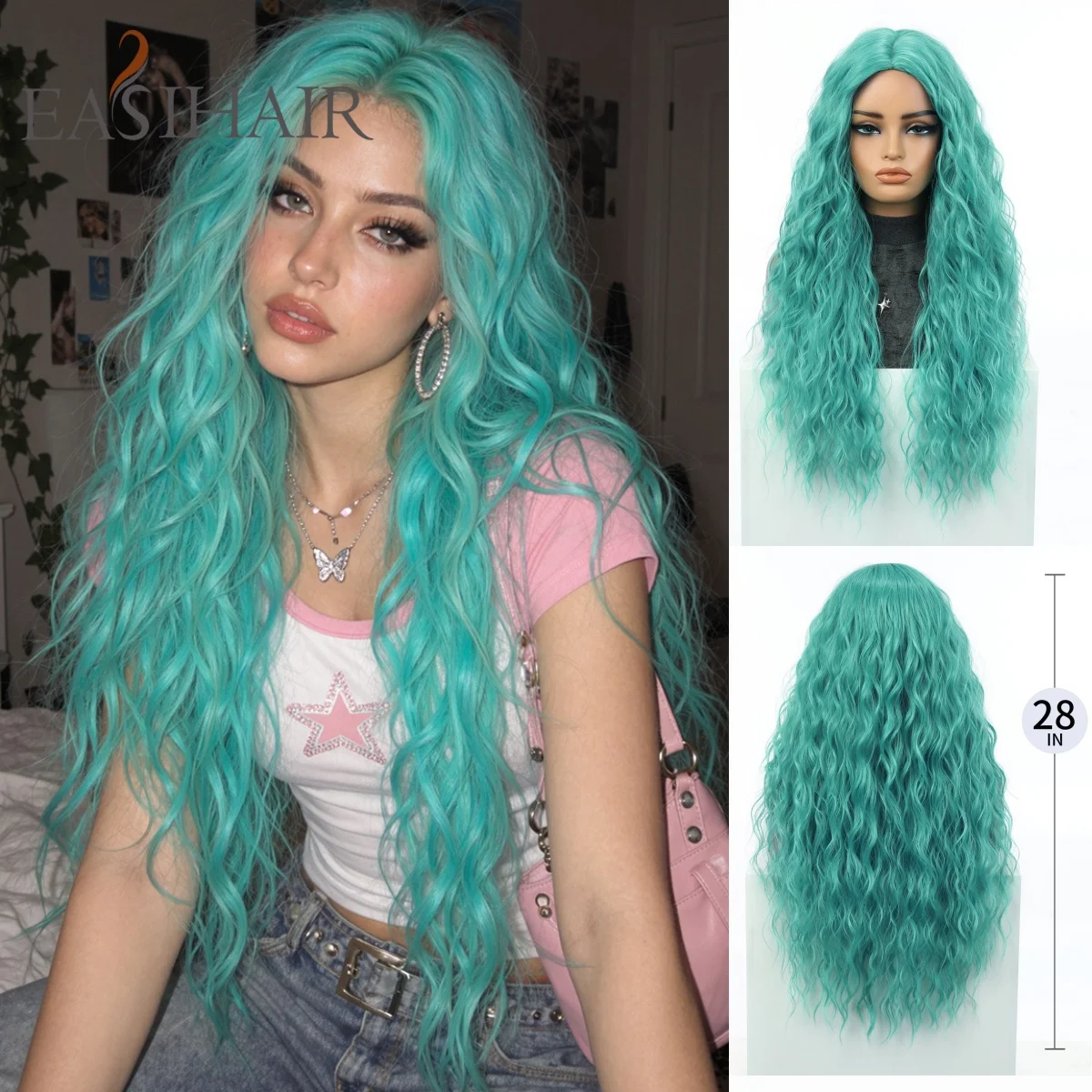 Long Kinky Curly Teal Green Wig Middle Part Y2K Anime Cosplay Natural Looking Synthetic Hair for Women Halloween Costume
