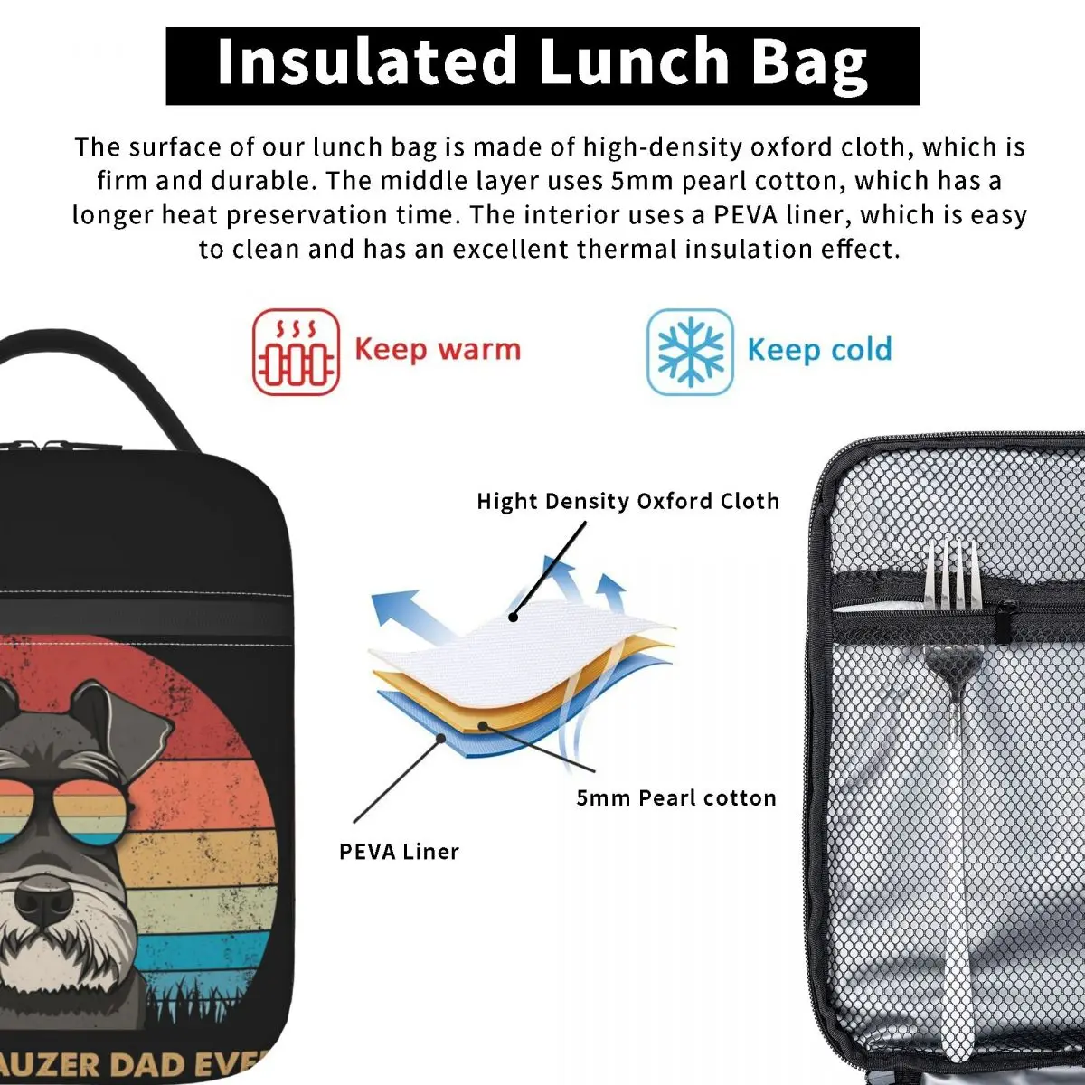 Best Schnauzer Dad Ever Insulated Lunch Bag for Women Kids Leakproof Food Boxes Thermal Lunch Box Tote