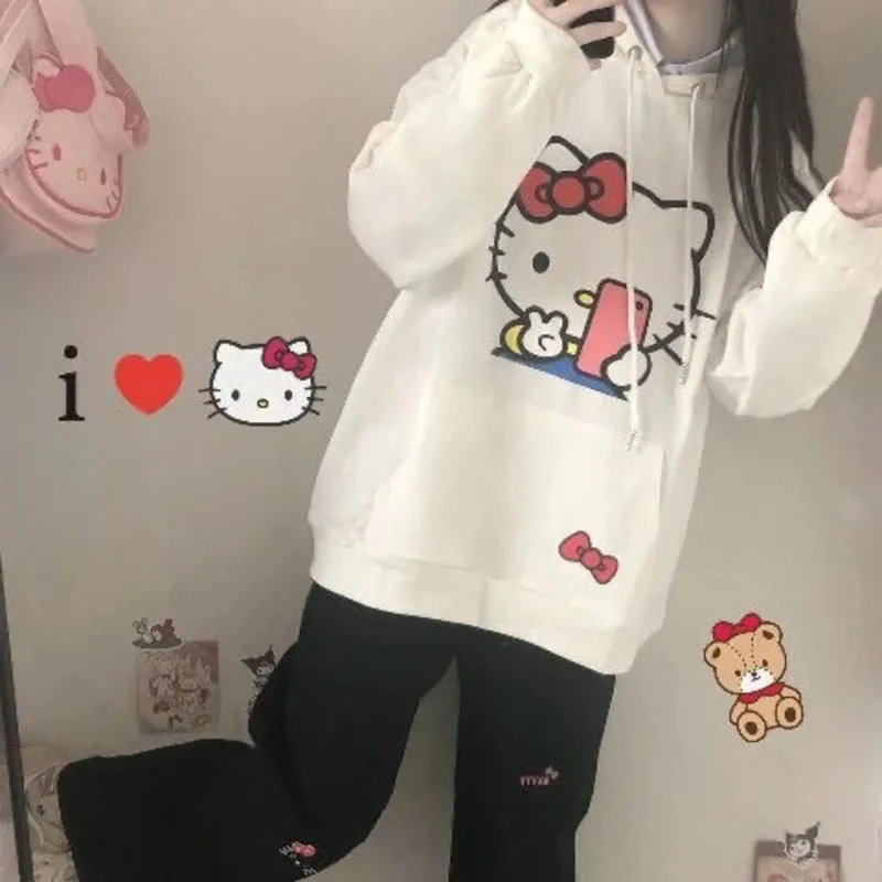 2024 Winter Women\'s Hoodies Fashion Japan Harajuku y2k Luxury Brand MINISO Sanrio Hello Kitty Pattern Warm Long Sleeve Hoodies