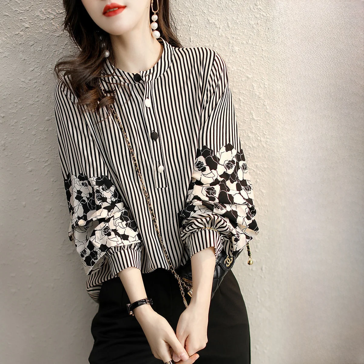 

plus Size Women's Chiffon irt Floral Print Splice Base Top Faionable Loose Slimming T for Heavy Girls round Ne