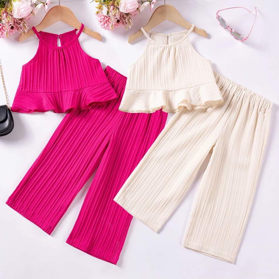 

Летняя одежда для девочек, комплект из 2 предметов, топы на бретелях с рюшами, широкие брюки, одежда для малышей, милые одинаковые комплекты, детская повседневная одежда