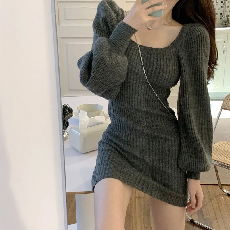 Spicy Girl Wearing Women's Square Neck Sweater Dress Women's Autumn Winter New Pure Desire Wind Bag Hip Skirt Short Skirt