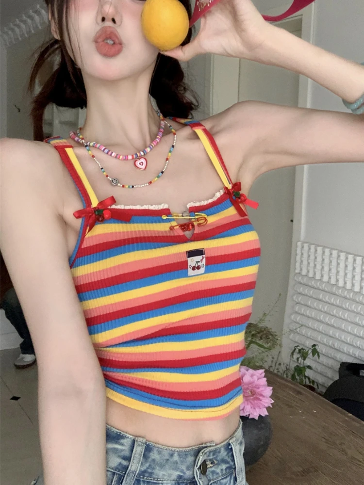 Summer Japanese Kawaii Crop Tops Women Rainbow Beach Party Bow Sweet Clothing Female Sexy Backless Korean Fashion Tank Tops 2023