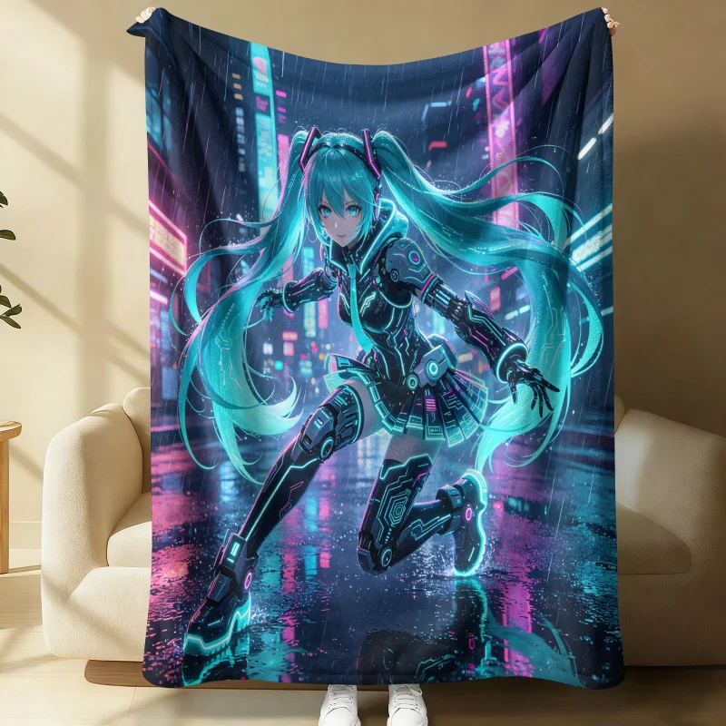 Hatsune Miku Cyberpunk Rainy City Flannel Throw Blanket Bedroom Decor Anime Nap Blanket Air Conditioner Throw Sofa Throw Cover