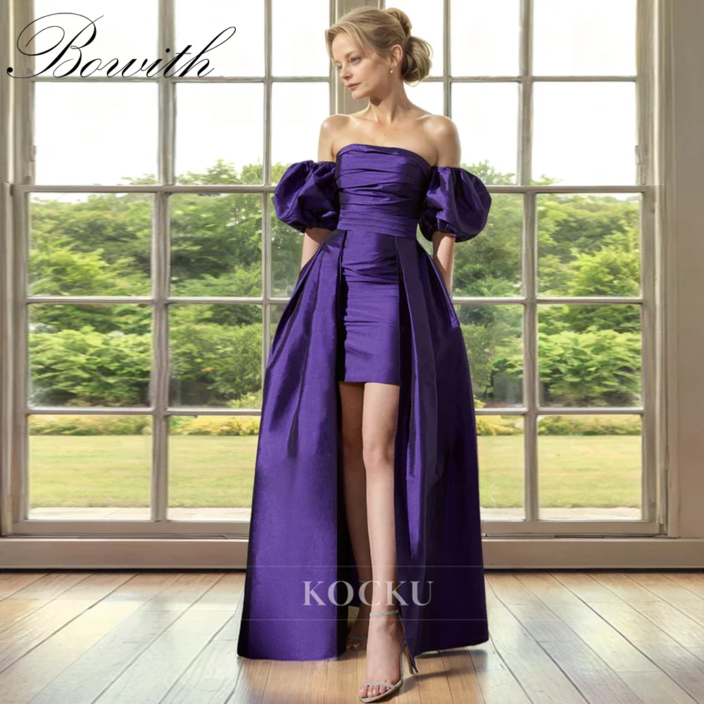 

Вечерние платья Bowith фиолетового цвета из тафты с открытыми плечами и короткими рукавами, платье для выпускного вечера Hi-Lo, вечерние платья для особых случаев