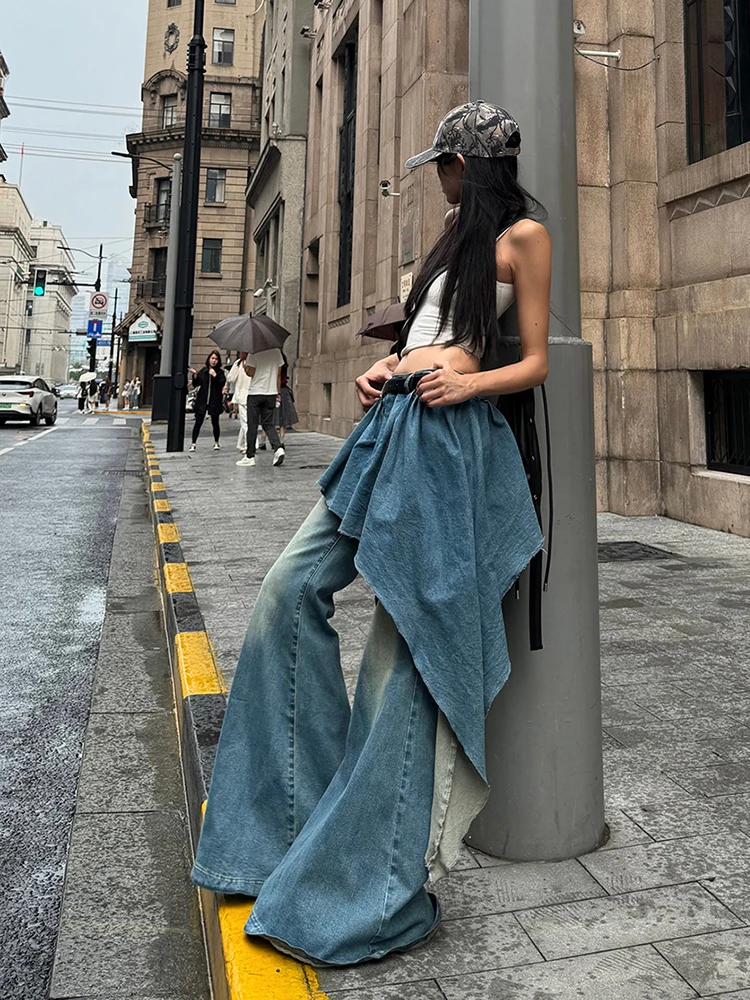 REDDACHiC Y2k Denim Skirt Overlay Bootcut Pants Women Asymmetrical Trailing Wide Leg Tall Girls Flare Jeans Vintage Streetwear