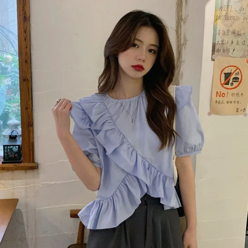 

Blouses Women Fashion Simple Casual O-neck Korean Style All-match Chic Puff Sleeve Solid Streatwear Summer Design Pleated Fit