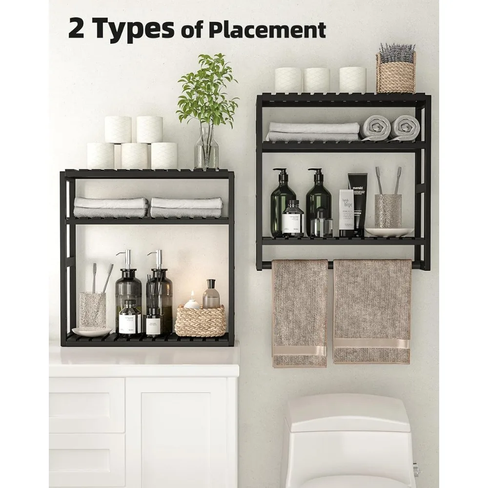 Scaffale a 3 livelli in bambù, da parete, con portasciugamani, distanza tra i fori di 5 cm, altezza regolabile, scaffale organizer sospeso, salvaspazio, ideale per bagno, cucina, balcone, soggiorno,