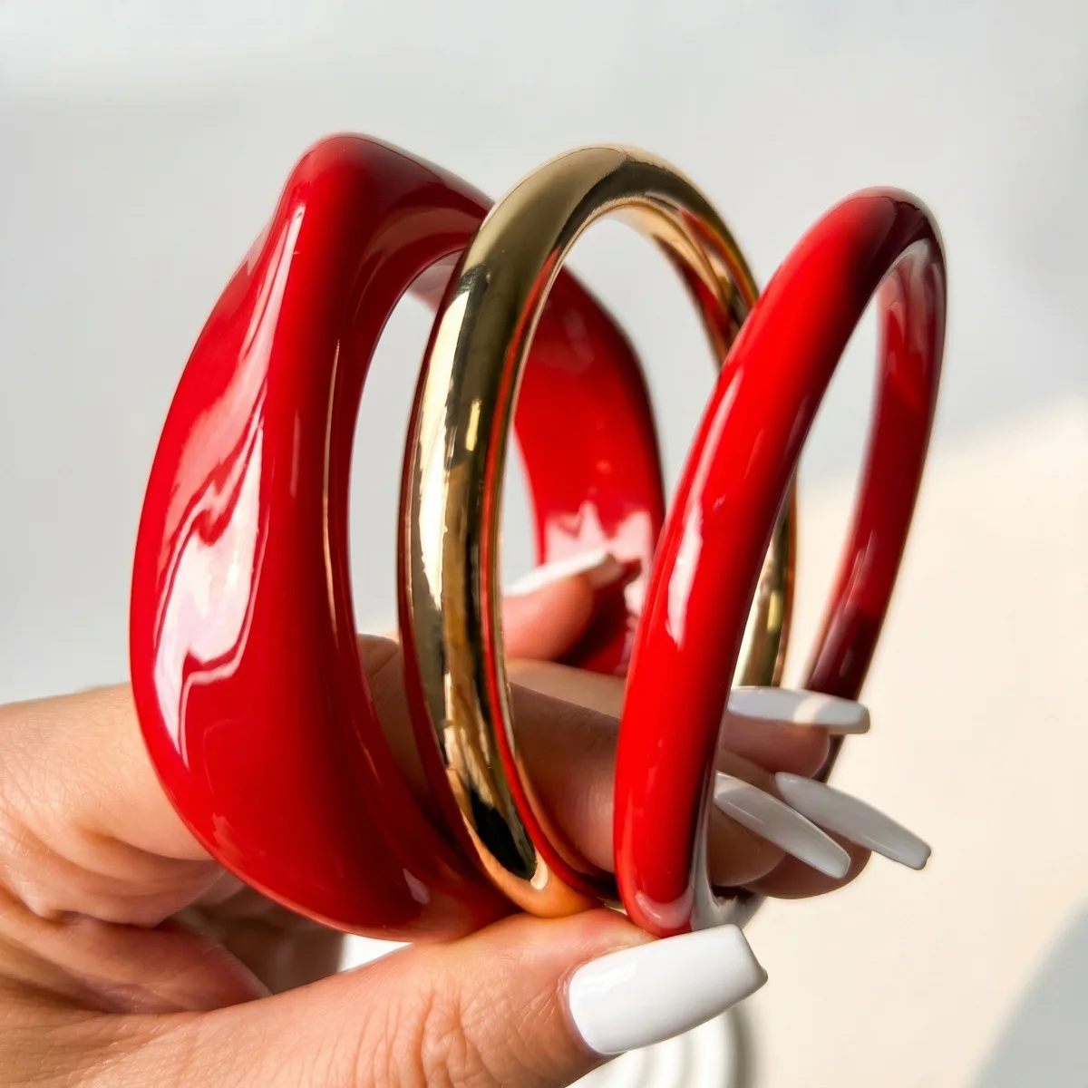 3Pcs/Set Irregular Punk Red Acrylic Resin Chunky Bangles Women Geometric Metal Bracelets Hip Hop Hand Wrist Aesthetic Jewelry ﻿