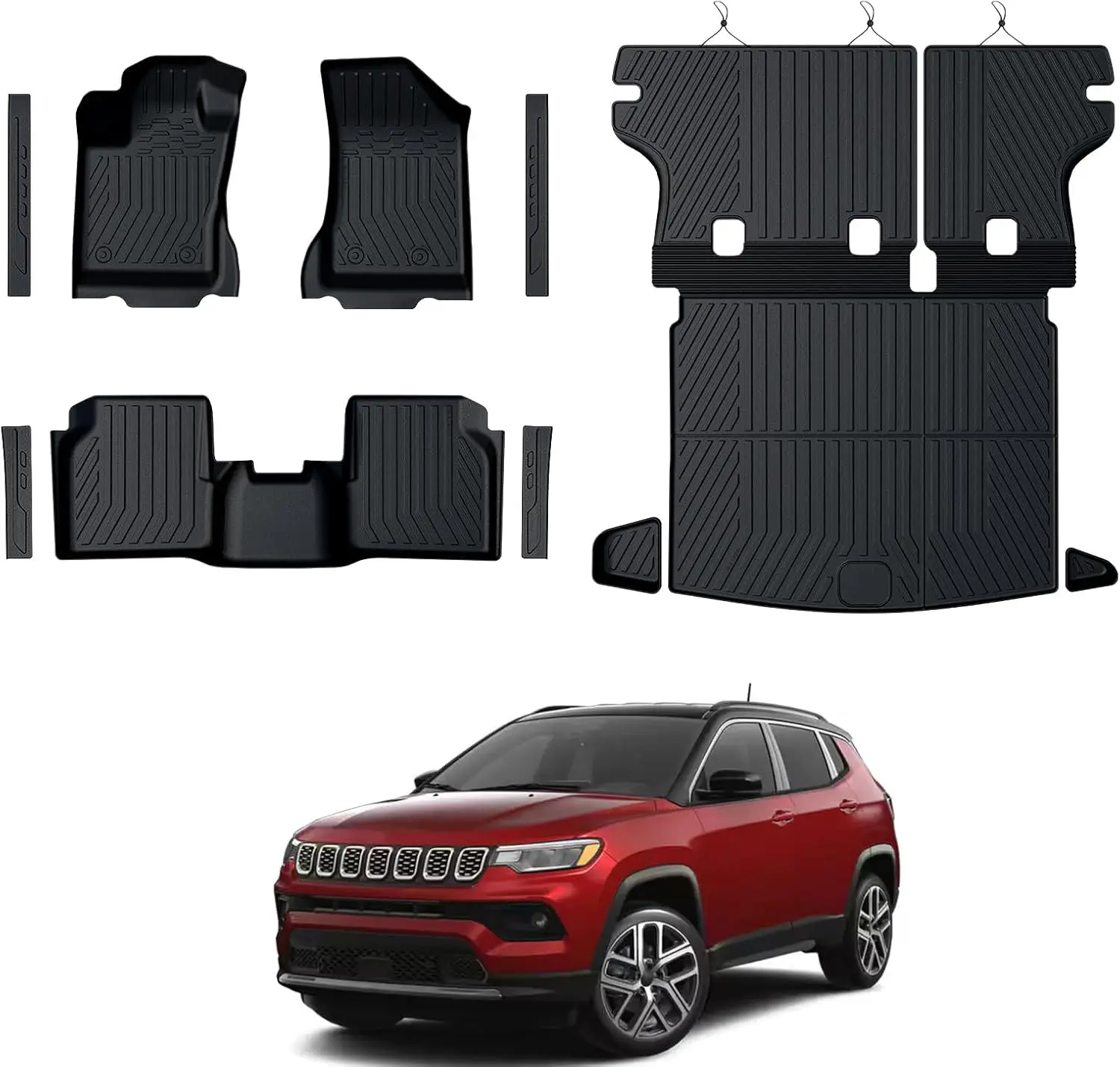 

All-Weather TPE Floor Mats and Cargo Liner in Black for 2017-2026 Jeep Compass, with Backrest & Door Sill Guards
