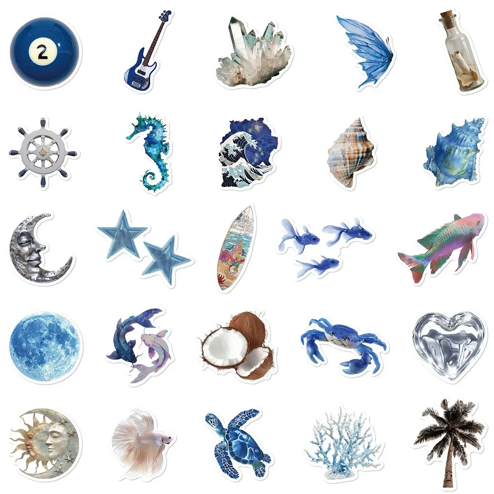 50 Stück blaue Ins-Stil Ozean Muscheln schöne Aufkleber DIY Telefon Laptop Gepäck Skateboard Graffiti Aufkleber Spaß für Kinder Geschenk