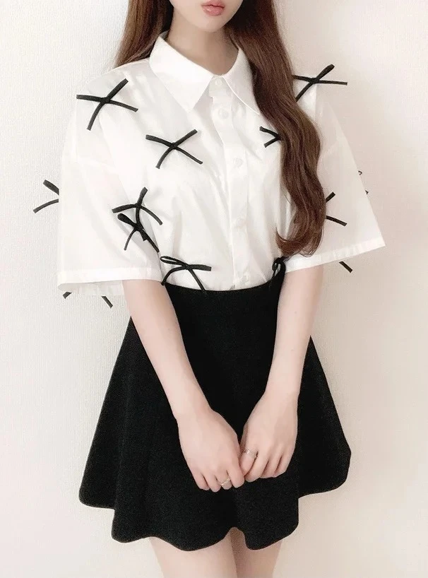 

Summer New 2025 Japanese Sweet White Short Top Contrasting Color Bow Decorative Blouse Lapel Shoulder Short-sleeved Shirt