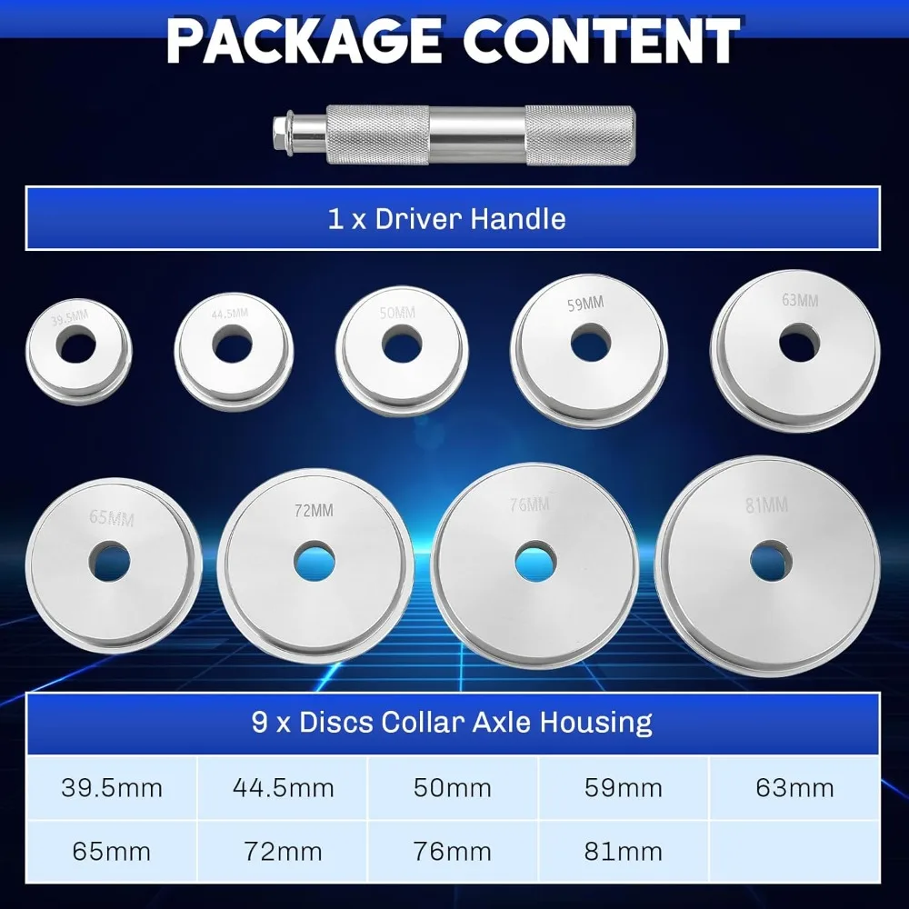 

Пресс-комплект подшипников | Комплект из 10 гонок подшипников и уплотнителей с ручкой водителя и корпусом ося с 9 дисками