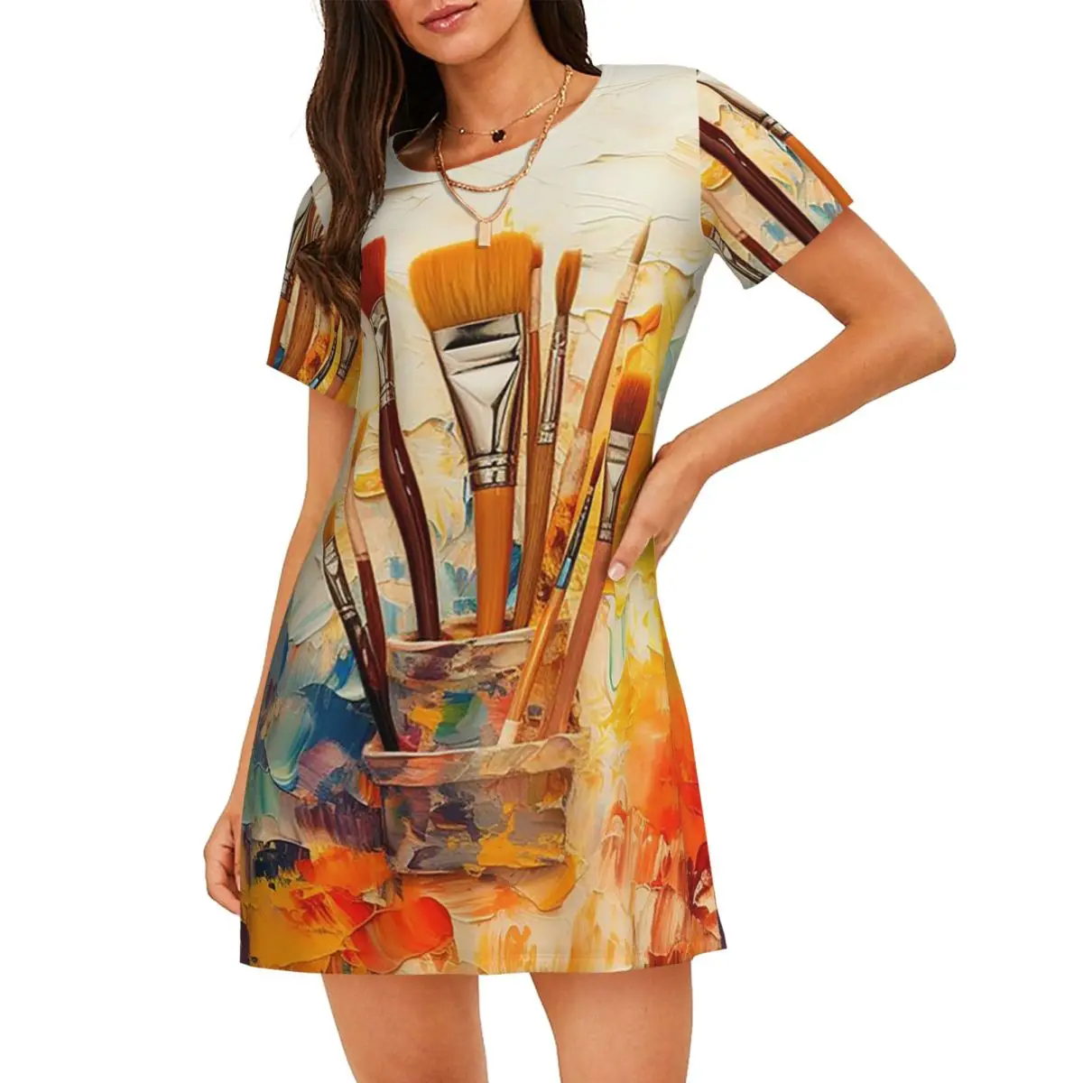 Custom Colour Paint Brush Brushes Print Short Sleeves Nightdress For Sleeping Women Short Sleeve Nightgowns Soft Pajama Dress