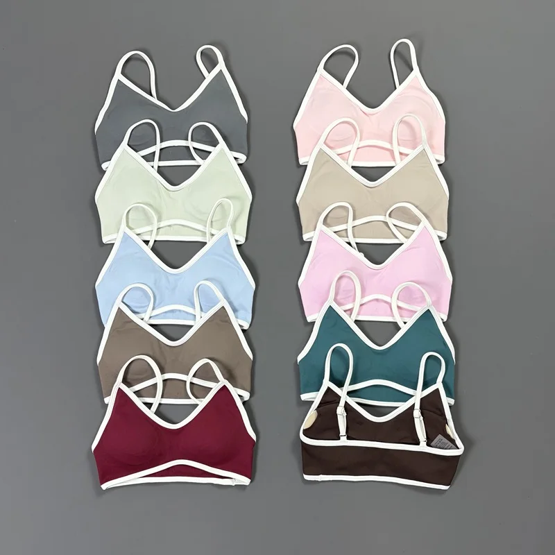 

HISTELLO TE Contrastline Bh Solid Color Women Sexy Spaghetti Strap Seamless Sports Yoga Bra Top Removable Pads Workout Gym Bra