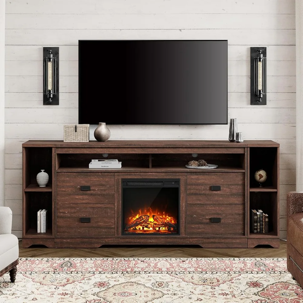 Fireplace TV Stand for TVs Up To 85 Inch with Open Storage Adjustable Shelf, Farmhouse Wood Electric Fireplace TV Stand