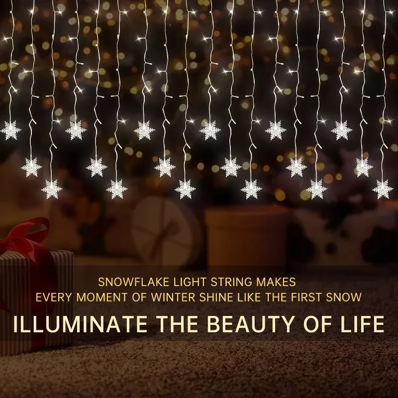 Solar Snowflake LED String Lights IP54 Rating 8 Modes Twinkle Wave Steady Lighting Warm White Colorful Outdoor Christmas Decor