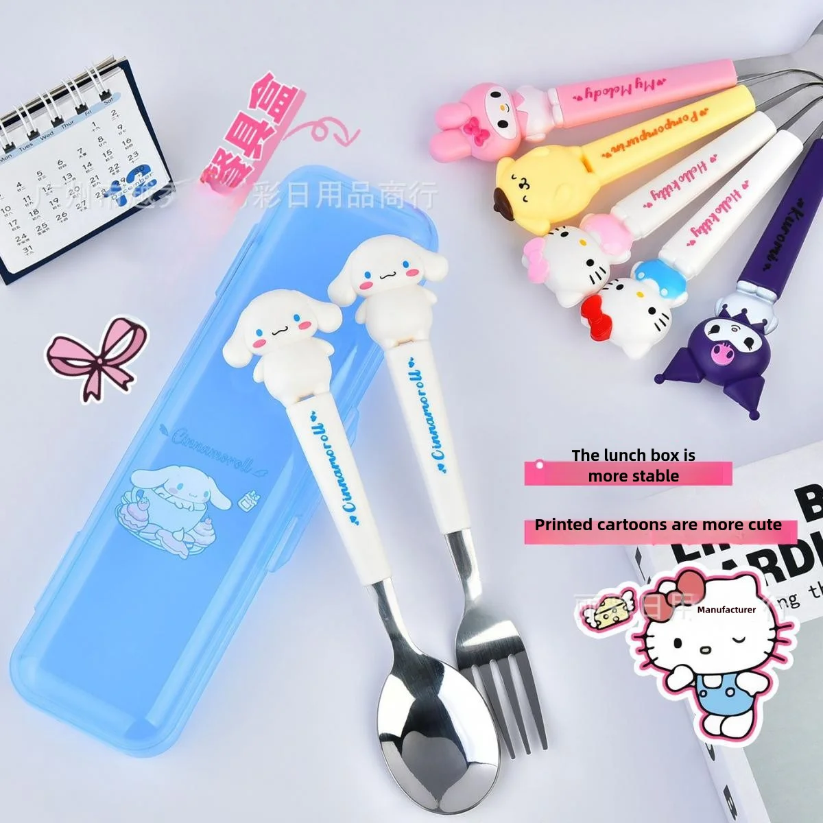 Sanrio Hellokitty Kuromi Mymelody Cinnamoroll Kawaii Travel Cutlery Set Fork Spoon Student Dinnerware Sets Kitchen Tableware