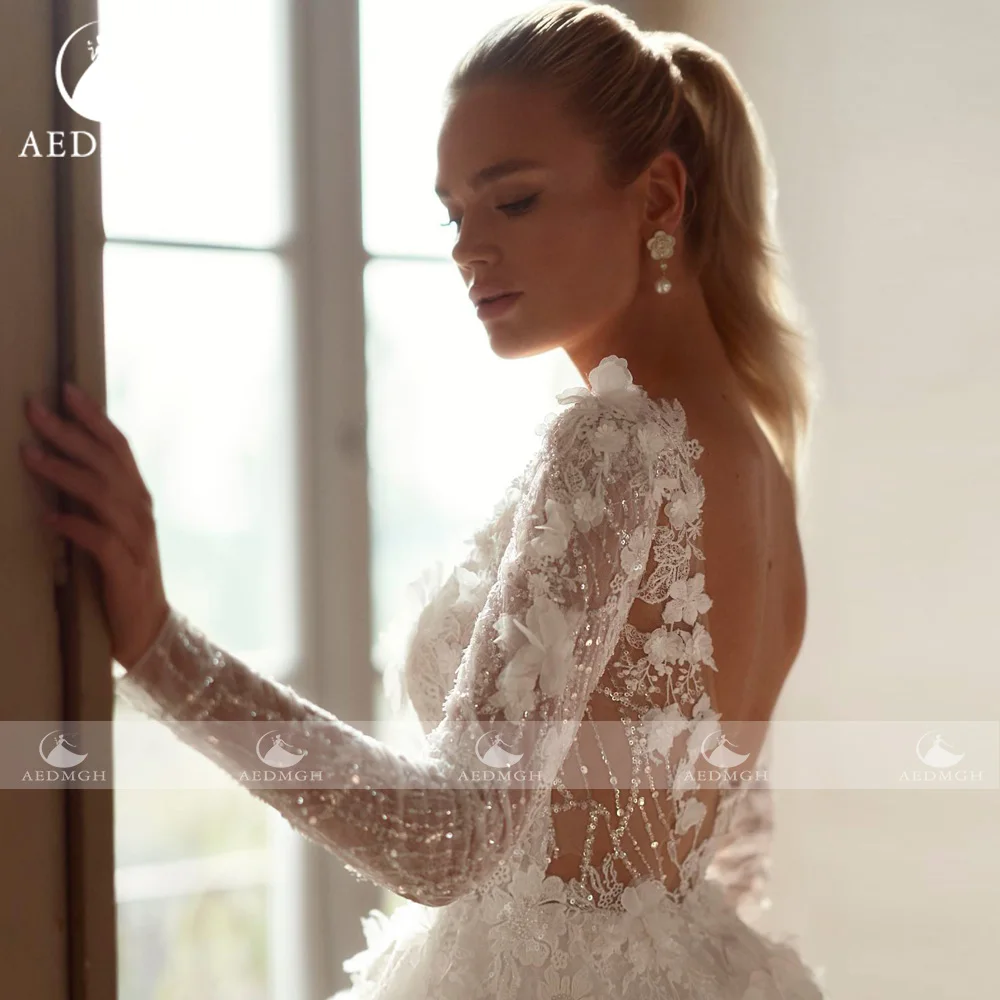 Aedmgh A-Line vestidos De Novia elegantes festoneados Vestido De Novia De manga larga Apliques De encaje flores 3D Vestido De Novia hecho a medida