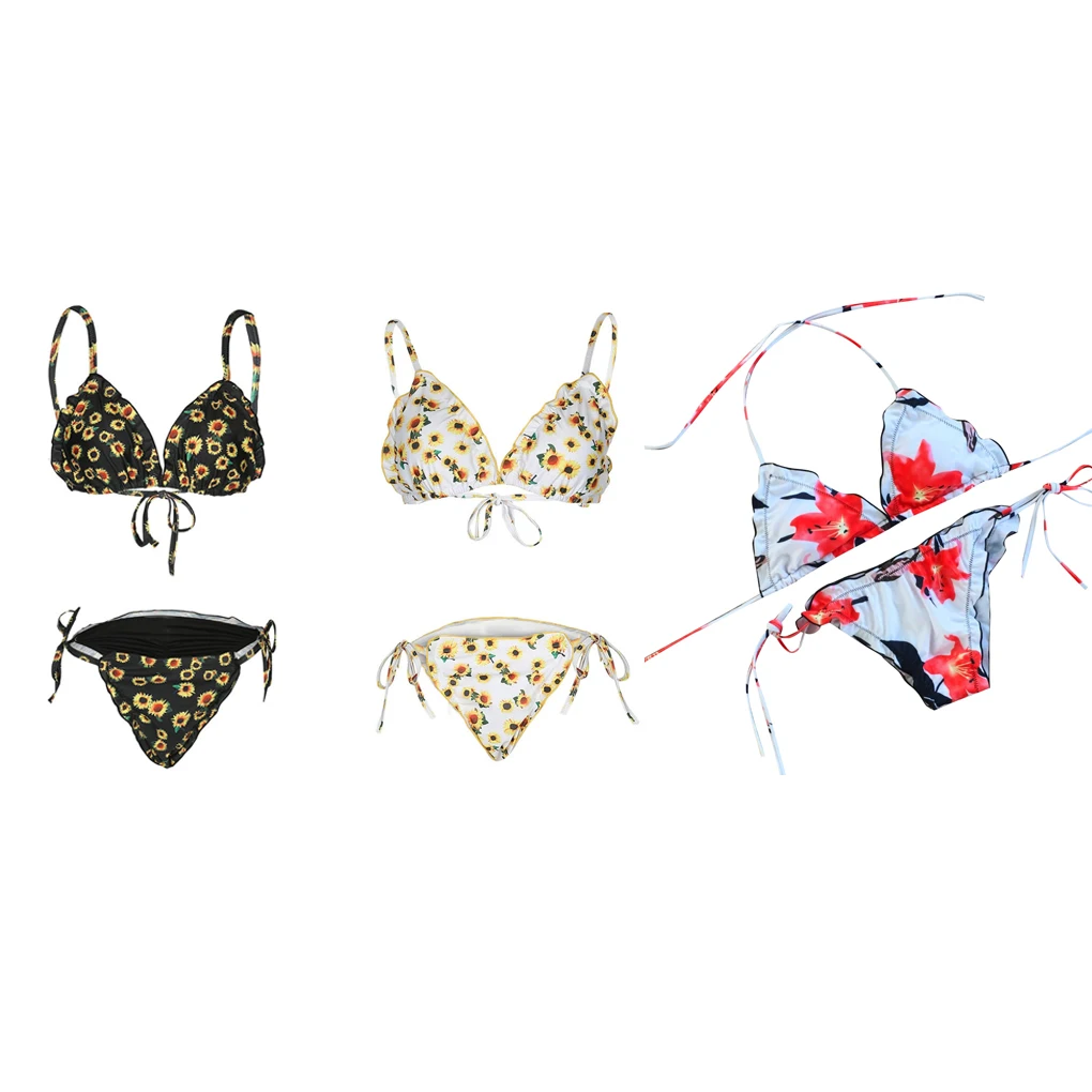 2pcs/set Women Sunflower Sexy Bikini Swimsuit Halter Bathing Suit Push-Up Padded Swimwears