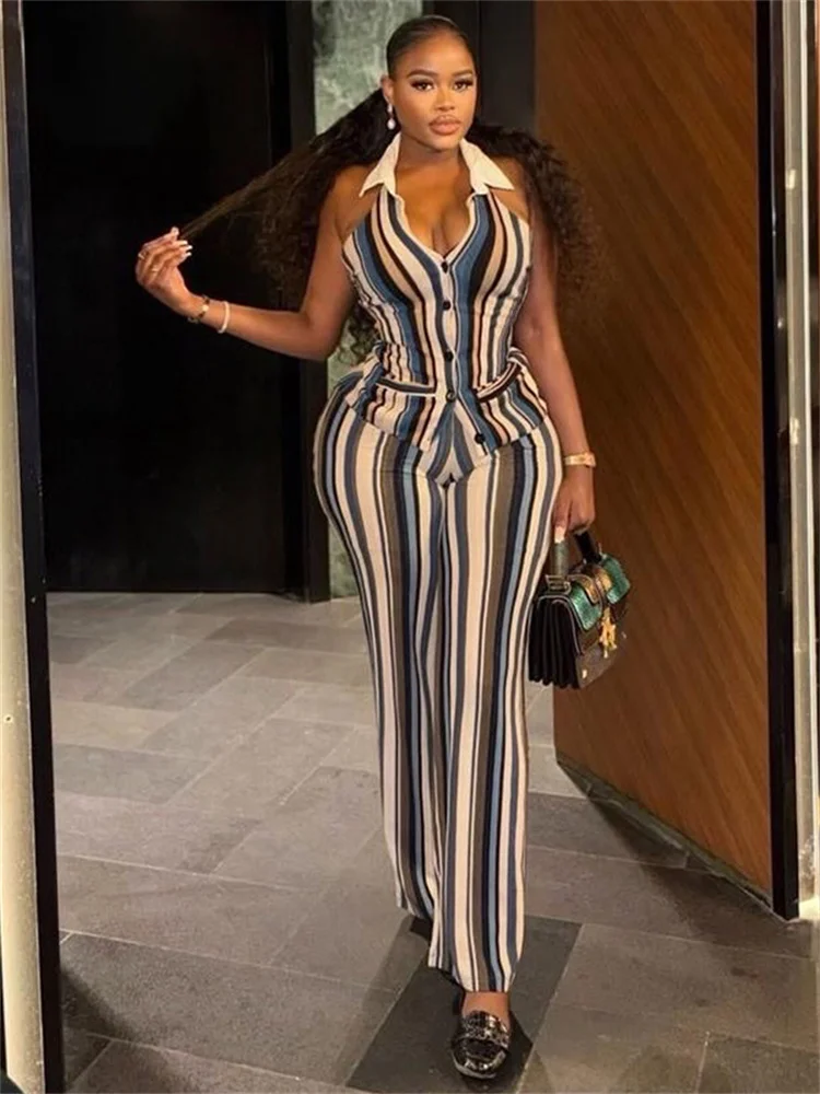 

Kliou Stripe Patchwork 2 Piece Set Woman Halter Lapel Single-Breasted Design Tops+Long Pants Office Lady Elegant Style Outfits