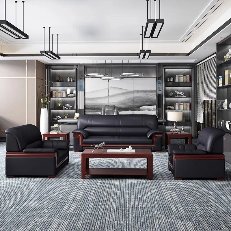 Office sofa coffee table combination set, simple and modern business reception, leather art reception area