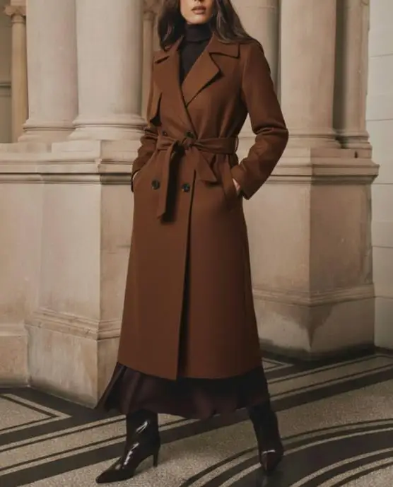 

2025 Autumn and Winter Fashion Temperament Classic British Style Lace Up Waist Cinched Woolen Coat for Women Elegant Long Jacket