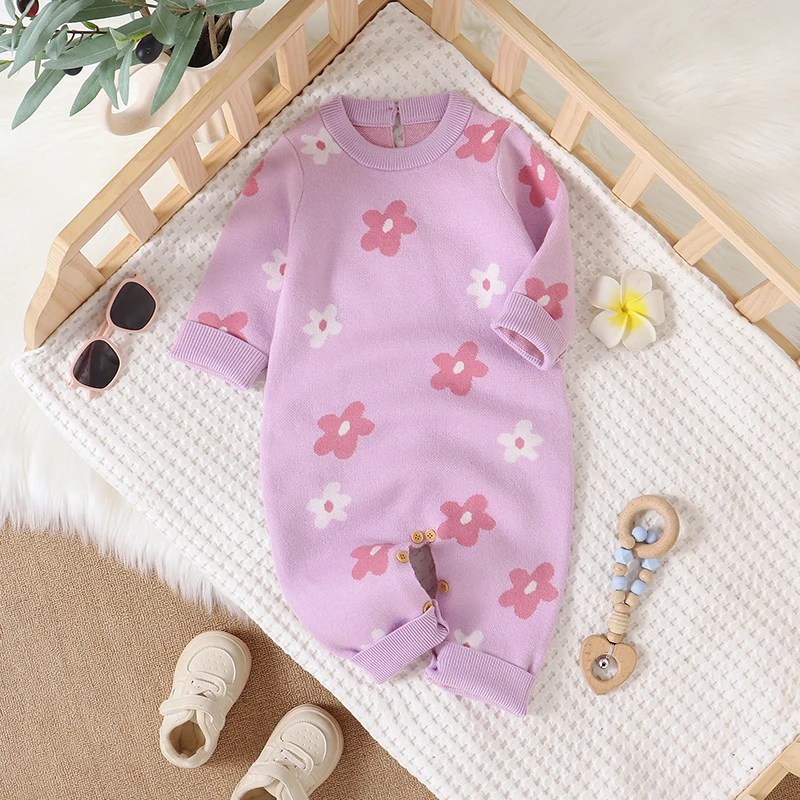 

Purple Baby Girls Rompers Floral Knit Newborn Crew Neck Long Sleeve Jumpsuits One Piece Infant & Toddler Playsuits 0-18m Clothes