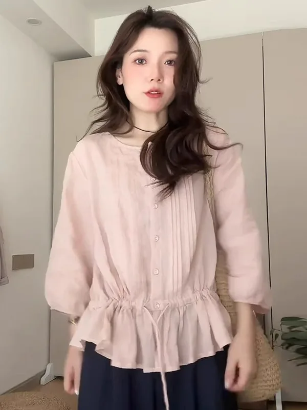 

plus Size Slimming Pleated Hem Shirt Women's Loose Unique Young round Neck Top Trendy Korean Style Long Sleeve Color