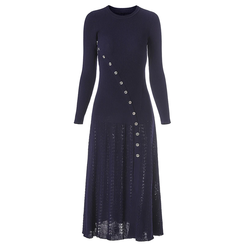 Autumn new women\'s round neck heavy arc button long sleeve knitted dress y2k high quality fashion elastic slim fit midi skirt